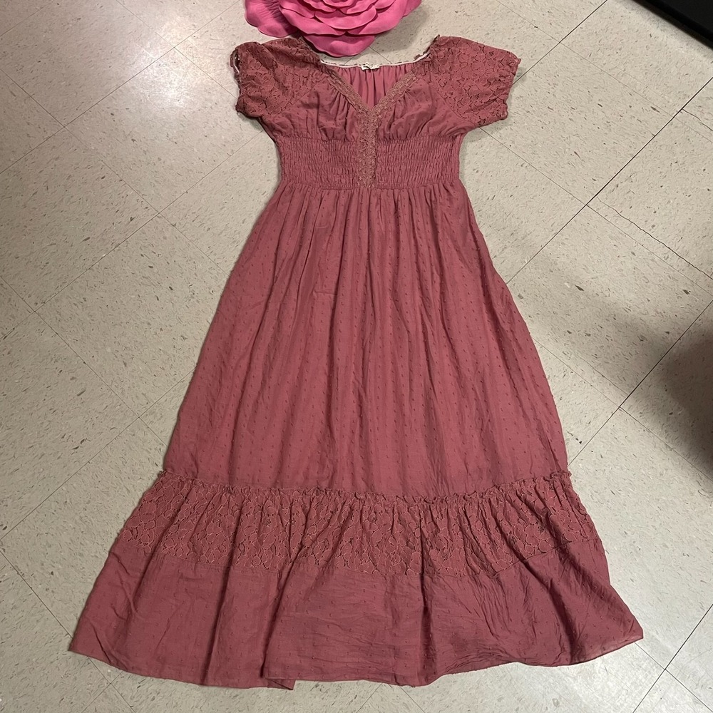 ANNA-KACI‎ Sz XL Milkmaid Y2K Babydoll Dress Lace Sleeve/Trim Swiss Dot Smocked